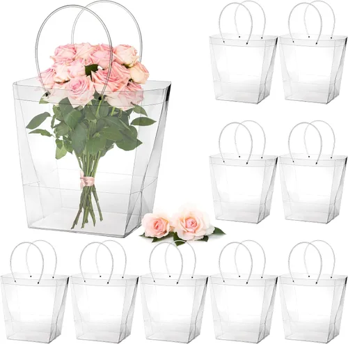 SOUJOY Paquete de 10 bolsas transparentes para ramo de flores, bolsas de regalo extra grandes con asas largas, 13 pulgadas de largo x 8.2 pulgadas