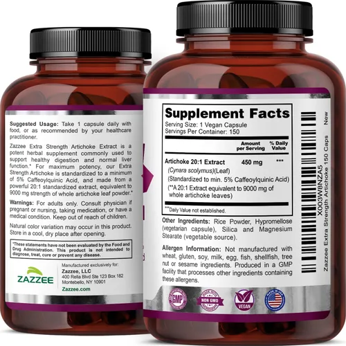 Miniatura 8 de Zazzee Extracto de alcachofa extra fuerte 20:1, 5% de ácido cafeoilquínico, 150 cápsulas veganas, suministro para 5 meses, escolimo de Cynara, apoyo