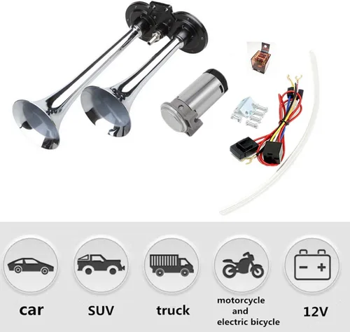 Miniatura 7 de Bocina de aire para coche, 12 V, 150 DB, trompeta, camión, bocina de aire, doble tubo, cromado, plateado, zinc, bocina de aire con compresor