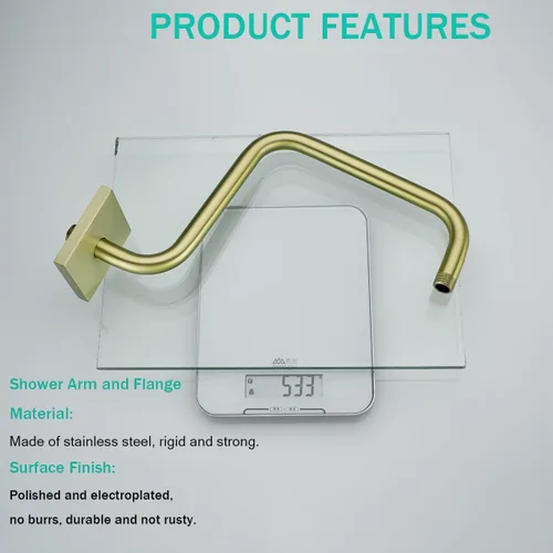 Miniatura 6 de 13 Inches Shower Arm with Flange,Brushed Gold S Shaped Gooseneck High Rise Shower Head Extension Arm,Standard 1/2" Connection,SE-91058-13BG-SQ