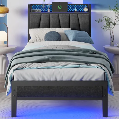 Miniatura 10 de Furnulem Base de cama Queen con cabecero y estante de almacenamiento, luz LED y estación de carga, cama de plataforma de metal con listones