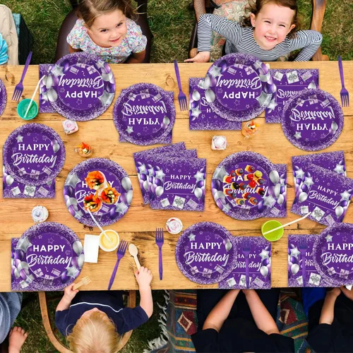 Miniatura 6 de 96 piezas de suministros para fiesta de cumpleaños morado, platos de papel, servilletas, juego de vajilla de feliz cumpleaños morado plateado, cena