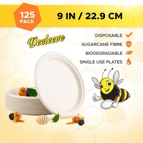Miniatura 2 de Paquete de 125 platos de papel blanco – Platos redondos compostables de bagazo desechables compostables de 9 pulgadas, hechos de fibra de caña
