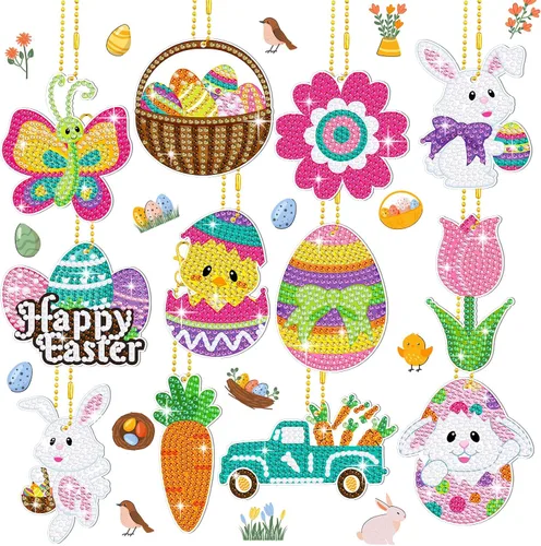 Ferraycle Kit de pintura de diamante de Pascua de 12 piezas, kits de arte de diamantes 5D DIY con huevo de Pascua, conejo, zanahoria, adornos