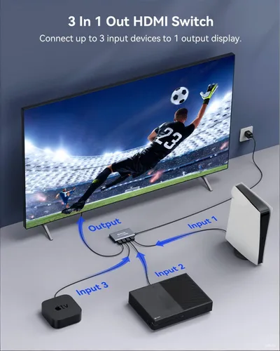 Miniatura 5 de Conmutador HDMI 5 en 1 salida 4K@60Hz, GANA conmutador divisor HDMI con control remoto, caja hub conmutador HDMI 2.0 de aluminio para 3D, HDCP2.2