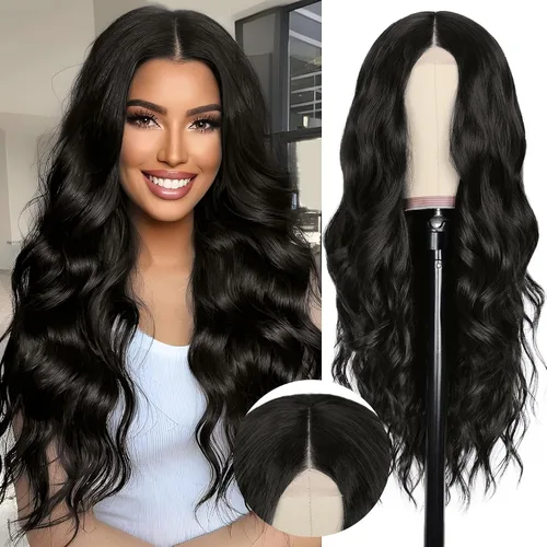 Miniatura 25 de NAYOO Pelucas marrones con flequillo para mujer, pelucas de cabello largo y ondulado, resistentes al calor, pelucas de fibra sintética para uso