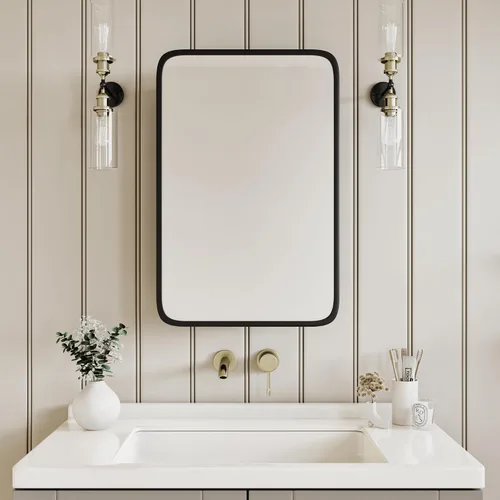 Miniatura 4 de AGDULL Armario negro de madera para baño de estilo vintage con espejo curvado de marco de metal negro de 16.5 x 24 pulgadas, gabinete de medicina