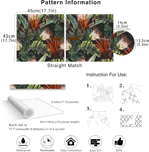 Miniatura 7 de HAOKHOME Papel tapiz removible con diseño floral de selva para despegar y pegar, papel de pared de vinilo negro/verde/rojo, papel de contacto, 17.7