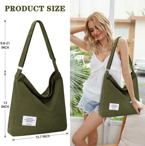 Miniatura 2 de Gocvo Bolso de mano de pana para mujer, bolso de hombro grande con cremallera, bolso cruzado con cordón y bolsillo