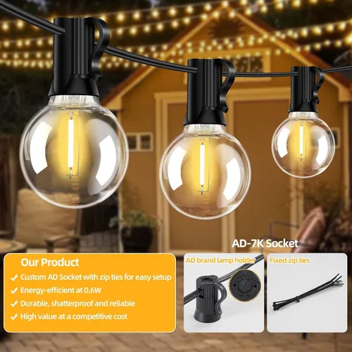 Miniatura 6 de Luces de cadena LED G40 para exteriores de 25 pies con 12+1 bombillas, enchufe E12, blanco cálido de 2700K, grado comercial, resistente a