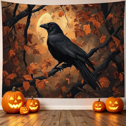 Miniatura 23 de HVEST Tapiz de noche de Halloween, tapiz para colgar en la pared, bosque embrujado con tumba y calabazas, manta de pared para dormitorio, sala
