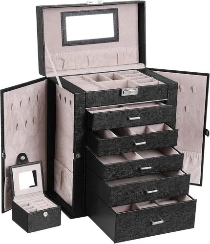Miniatura 9 de ANWBROAD Caja de joyería grande de 6 niveles, organizador de joyas con cerradura de espejo, caja de joyería para niñas, aretes, anillos, collares