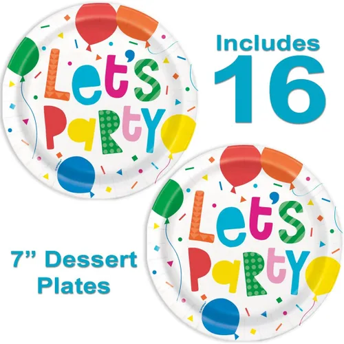 Miniatura 2 de Juego de 32 platos y servilletas de cumpleaños con diseño de globo Let's Party - Platos de postre de 7 pulgadas y servilletas de 6.5 pulgadas