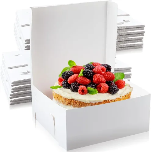 Miniatura 10 de Ireer 50 unidades de cajas de pastel blancas de 10 x 10 x 5 pulgadas, cajas de cartón para panadería para pasteles, galletas y postres