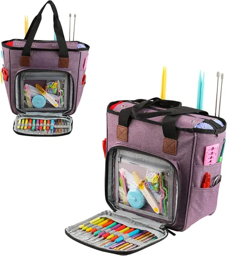 Miniatura 8 de Bolsa de almacenamiento de hilo para tejer, organizador de ganchillo de gran capacidad, bolsa de viaje portátil con correa para el hombro, estuche