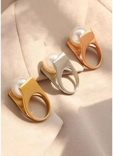Miniatura 6 de OIDIMS Anillo de perlas exageradas de acero inoxidable chapado en forma de Y de oro blanco, estilo único, anillos grandes personalizados