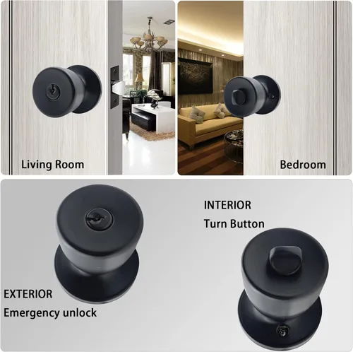 Miniatura 2 de Pomo de puerta con llave, color negro mate, redondo, pomo de puerta de paso, bloqueo de privacidad, perilla de puerta interior/exterior, cerradura