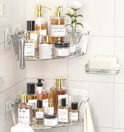 Organizador esquinero para ducha, paquete de 3 unidades, acrílico transparente | Large Capacity, Corner Shower Shelves with Soap Holder and Hooks,