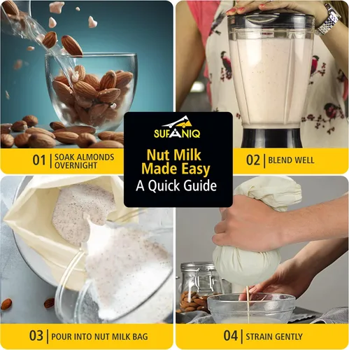 Miniatura 4 de SUFANIQ - Bolsa de leche de nueces, 2 bolsas (12 x 12 pulgadas), bolsa de tela de queso 100% algodón sin blanquear para colar, bolsa de leche