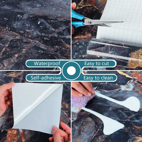 Miniatura 8 de VEELIKE Papel adhesivo de mármol azul marino dorado de lujo para encimeras, impermeable, despegar y pegar, papel tapiz de granito de 15.7 x 118