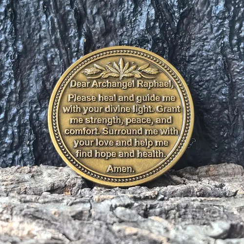 Miniatura 6 de Moneda de desafío Arcángel Rafael – Ficha curativa de aleación de zinc de 1.57 pulgadas con oración inspiradora para fortaleza y paz, para salud