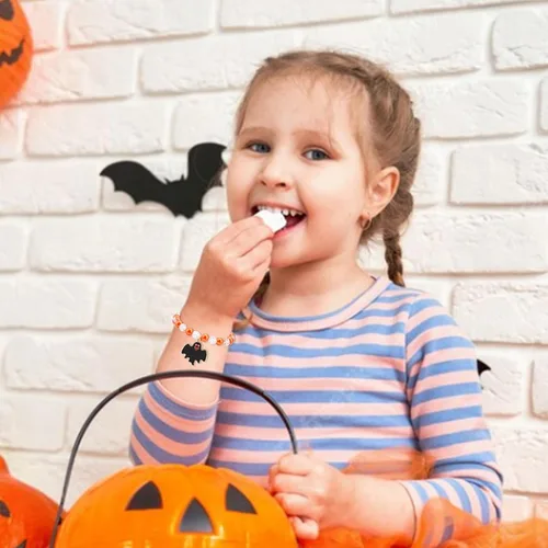 Miniatura 5 de YANCHUN 4 pulseras de Halloween para mujeres y niñas, pulseras elásticas con cuentas de colores, fantasma, calabaza, murciélago, pulsera, regalo