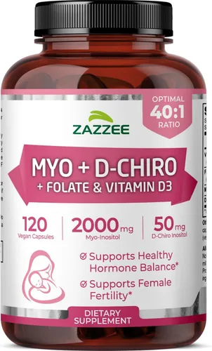 Zazzee Myo & D-Chiro Inositol Ideal 40:1 con vitamina D3 y folato, 120 cápsulas veganas, equilibrio hormonal y apoyo del ciclo para mujeres,