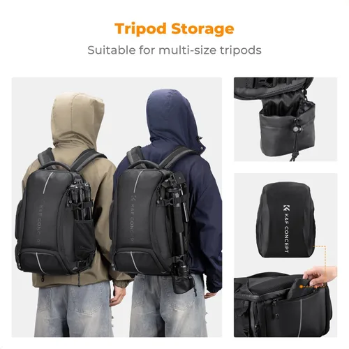 Miniatura 5 de K&F CONCEPT Mochila para cámara, bolsa de cámara de gran capacidad de 25 litros para fotógrafos con cubierta impermeable y compartimento para laptop