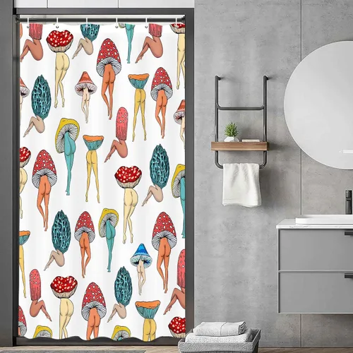 Miniatura 18 de Divertida cortina de ducha con trasero de hongo, divertida y sexy, de los años 70 y 80, cortinas de ducha de tela para baño, hippie, psicodélico