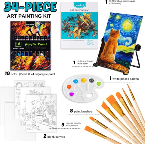 Miniatura 2 de koseibal Juego de pintura acrílica para niños, kit de suministros de pintura artística con 18 pinturas, 5 paneles de lienzo, 8 pinceles, caballete