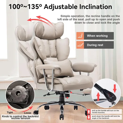 Miniatura 3 de Efomao Silla de Oficina Grande y Alta 400lbs – Silla de Oficina Ejecutiva de Cuero PU con Soporte Lumbar y Reposapiés, Silla de Computadora de Gris