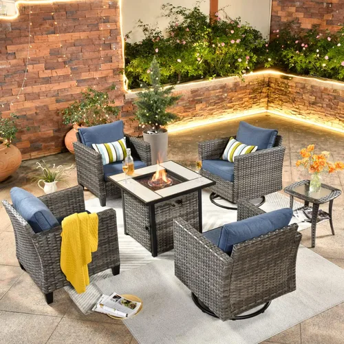 Miniatura 33 de ovios Juego de muebles de patio de 6 piezas, sillas giratorias de mimbre para exteriores con mesa para fogatas de 30 pulgadas, juego de mecedoras