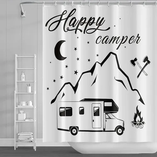 Miniatura 14 de Cortina de ducha Happy Camper de 48 x 72 pulgadas, diseño de caricaturas, remolque, hoguera, aventura al aire libre, cortina de baño para decoración