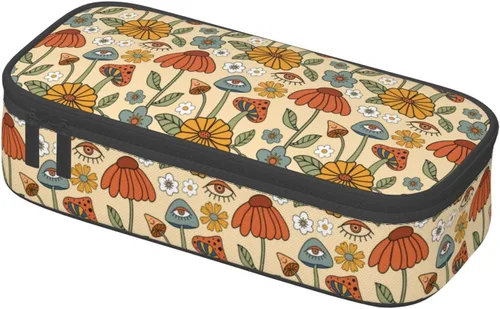 Miniatura 2 de Estuche organizador retro hippie de los años 70 con diseño de hongos florales de gran capacidad, papelería con cremallera, suministros escolares
