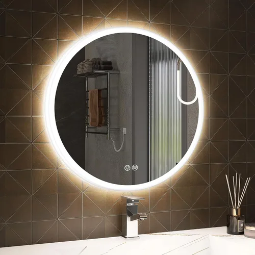 Miniatura 11 de SBAGNO - Espejo de baño LED con luces, 32 x 28 pulgadas, borde 3D, espejo de pared con Bluetooth, antivaho, atenuación continua, 3 colores, espejo
