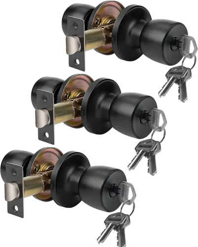 Miniatura 9 de Pomo de puerta con llave, color negro mate, redondo, pomo de puerta de paso, bloqueo de privacidad, perilla de puerta interior/exterior, cerradura