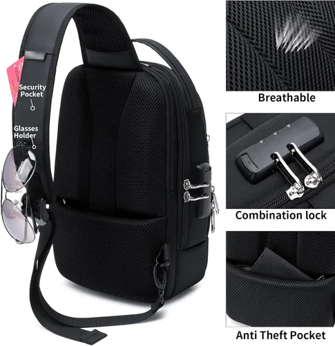 Miniatura 5 de DUSLANG Mochilas cruzadas de senderismo para hombres, mochila de hombro con puerto de cargador USB, Negro-b, Mediana, Mochilas Sling