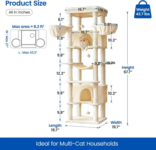 Miniatura 6 de MWPO - Árbol grande para gatos, torre de 67.7 pulgadas de altura para gatos de interior con 2 condominios, soporte de varios niveles con 3 hamacas