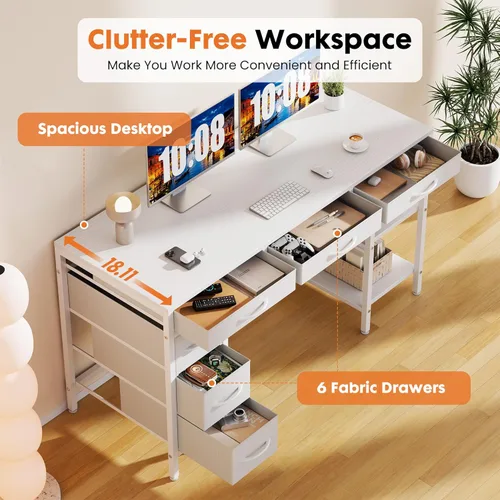Miniatura 6 de Sweetcrispy Escritorio para computadora de 47 pulgadas con 6 cajones, escritorio para juegos de oficina en casa con estantes de almacenamiento
