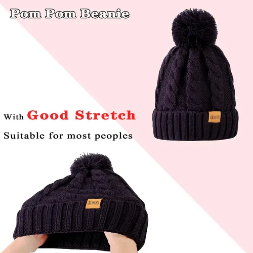 Miniatura 4 de REDESS Gorro de invierno con pompón para mujer con forro polar cálido, gorro de esquí grueso y holgado de punto de nieve