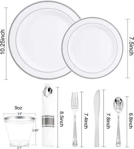 Miniatura 2 de WELLIFE 350 platos de plástico plateado para 50 invitados, juego de vajilla desechable, suministros de fiesta de Navidad incluye 100 platos