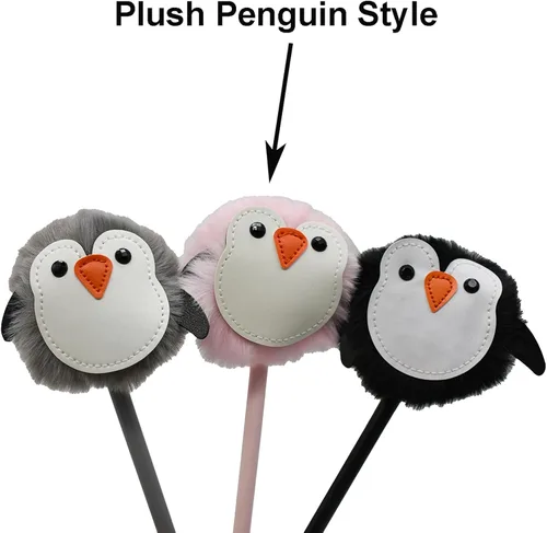 Miniatura 3 de Maydahui 6 bolígrafos de gel con forma de pingüino de felpa, bola de piel esponjosa, con 12 recambios de tinta negra para oficina, escuela, fiesta