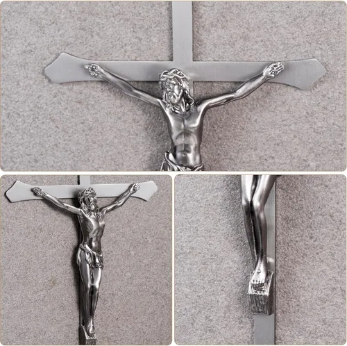 Miniatura 3 de ACHIBANG Crucifijo de metal de 10 pulgadas - Cruz de Jesús de plata católica moderna para decoración de pared, símbolo cristiano de fe plata