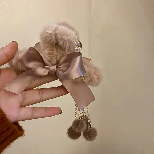 Miniatura 3 de Jumwrit Pinzas para el cabello con mandíbula de plátano peludas con lazos, borlas de perlas y fijación fuerte para mujeres y niñas, accesorios