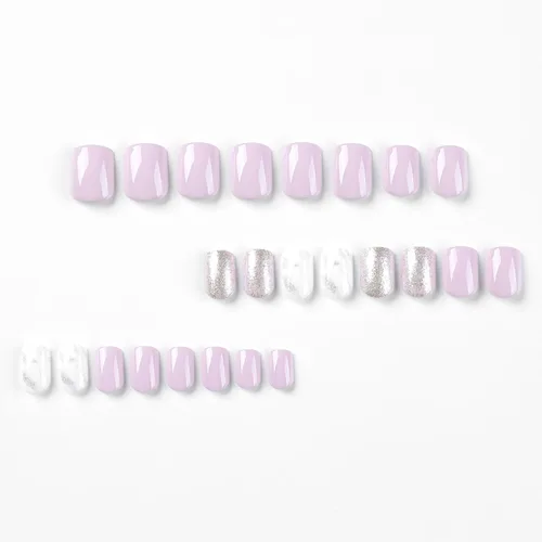 Miniatura 5 de Uñas postizas cuadradas cortas a presión, uñas postizas de color rosa, de cobertura completa, uñas postizas con purpurina plateada con diseños
