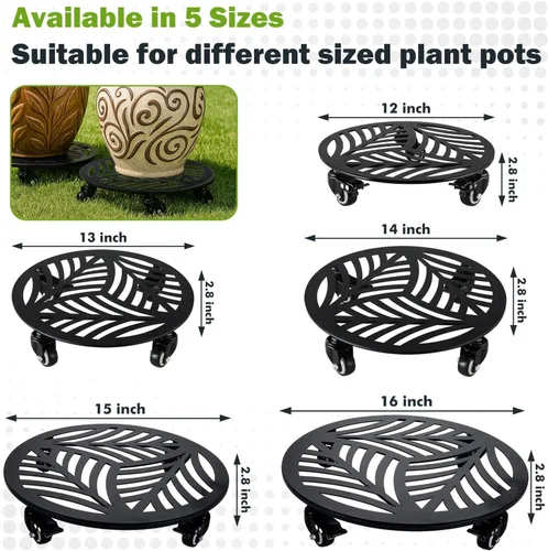Miniatura 3 de 1 paquete de 30 cm de gran organizador de plantas de metal con 3 ruedas de PU metálicas, soporte rodante para plantas con ruedas para interiores