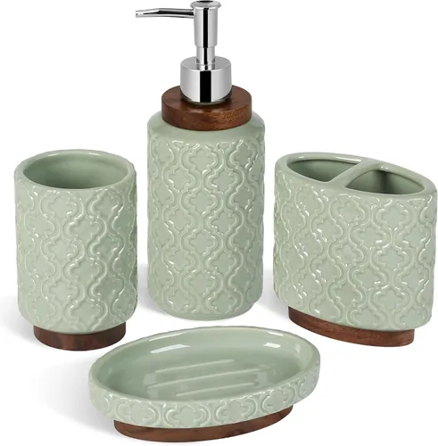 Miniatura 11 de RQYIXI - Juego de accesorios de baño de 4 piezas, soporte para cepillo de dientes, dispensador de jabón, decoración de baño de cerámica y madera