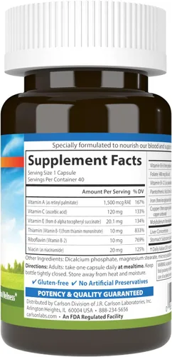 Miniatura 2 de Carlson - Nutrientes en la sangre, 28 mg de hierro, desarrollo sanguíneo, absorción de hierro y bienestar óptimo, 40 cápsulas