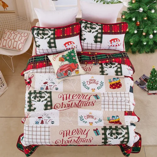 Miniatura 3 de Menghomeus Juego de edredón de Navidad tamaño king reversible, colcha a cuadros, rojo y verde, con retazos, juego de edredón de Navidad, árbol