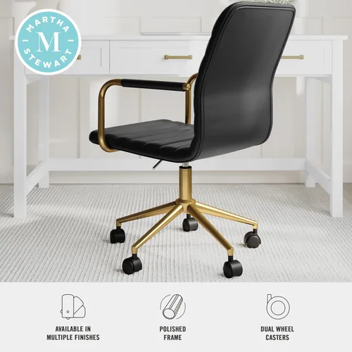 Miniatura 5 de Martha Stewart Taytum - Silla giratoria de escritorio con reposabrazos para oficina en casa, en cuero sintético negro con marco de latón pulido